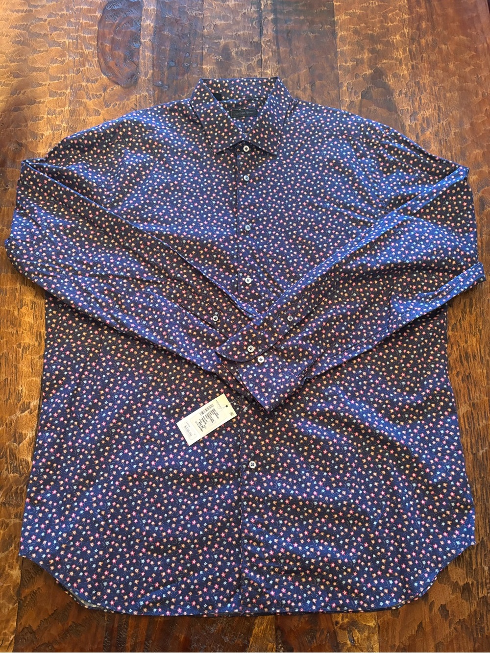 NWT Saks Fifth Avenue Navy Button-Down Shirt with Pink Dot Print XXL